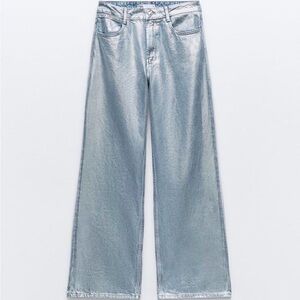 Zara metallic mid rise straight leg jeans